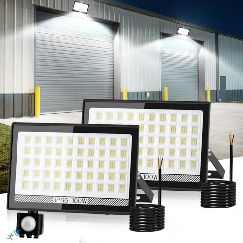 T-SUN 100W 10000LM Foco LED con Sensor Movimiento, 6000K, IP66, 200LEDs | Super Brillo Focos LED Exterior Blanco Frío, Impermeable, Iluminación de Seguridad para Jardín, Garaje, Patio(2 Piezas)