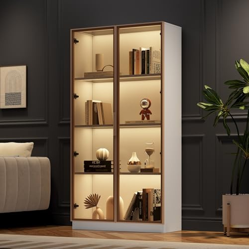 Juabett Glasvitrine, Vitrinenschränke mit LED-Beleuchtung, Doppeltürige Glas Vitrine mit beweglichen Einlegeböden, 80x40x160cm Standvitrine, Sammlervitrine, Hochschrank für Wohnzimmer & Studienzimmer