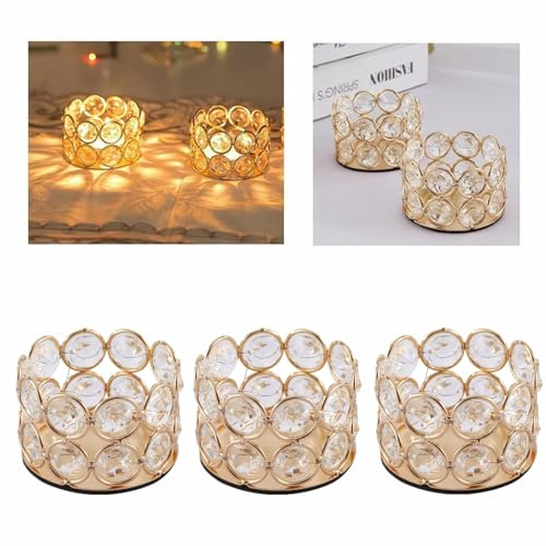 3 Stück Klein Europäischer Kristall-Teelichthalter, Kerzenhalter, Goldene | Europäischer Kerzenhalter, Glamouröser Kristall-Kerzenständer, Für Wohnzimmer, Esszimmer, Hochzeit & Weihnachten