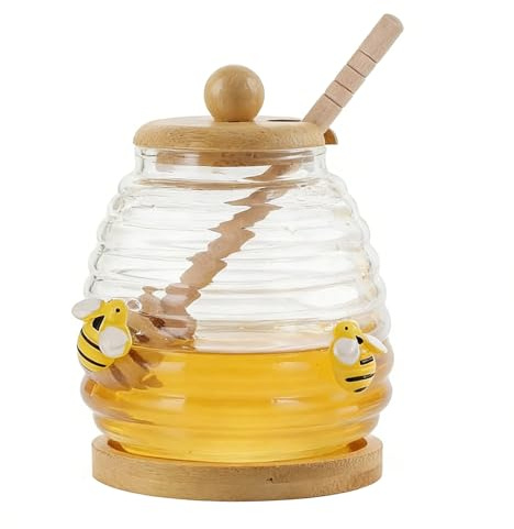 ZhouWei 500 ml Tarro para Miel de Cristal con Tapa de Madera Cuchara, Transparente Tarro Miel Dispensador Mielera Antigoteo Recipiente Bote Mielera, para Servir Miely Almíbar