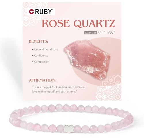 RUBY Edelstein Perlen Armband für Frauen, 4mm Perlen und 18K Vergoldet Edelstahlherz Armbänder Damen,elastischer Schmuck Yoga,Geschenk zum Muttertag-Inklusive Geschenkbox Holz