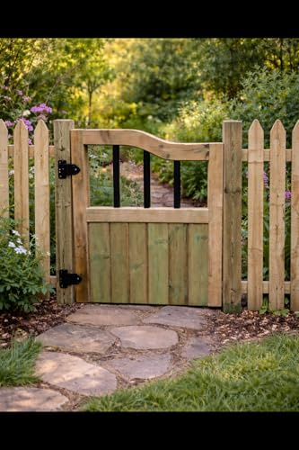 Wooden Garden Gate with Snawneck Top – Pressure Treated Outdoor Fence Gate with PVC Spindles (120cm High x 120cm Wide x 5cm deep)