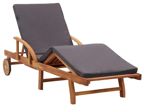 WGYHOME Sonnenliege Akazie Massivholz mit Verstellbarer Lehne & Fußstütze, 200x68 cm, Naturholz/Dunkelgrau, für Garten, Terrasse, Pool – inkl. Kissen & Ausziehtisch
