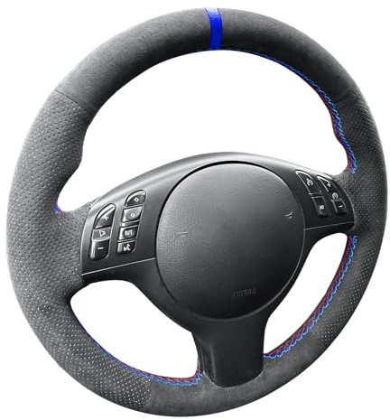 Alfanxi Handgenähter Lenkradbezug, passend für Alcantara-Material, kompatibel mit BMW M3, M5, F39, F45, E46, 330CI, Blau gestreift mit Punkten