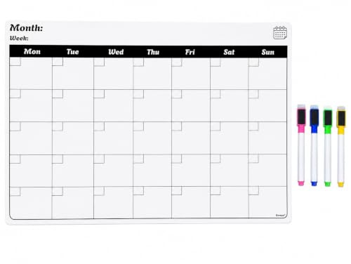 Genxon Magnetic Monthly Planner Fridge Board A3 Landscape Whiteboard | 4 Dry wipe Markers include, Week at a Glance, Family Planner