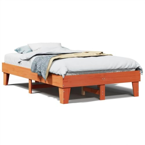 Qnhdfrt Massivholzbett 135x190 cm, Bettgestell aus Kiefernholz in Wachsbraun, Stabiles Holzbett inkl. Lattenrost, Rustikales Design mit Stauraum unter dem Bett