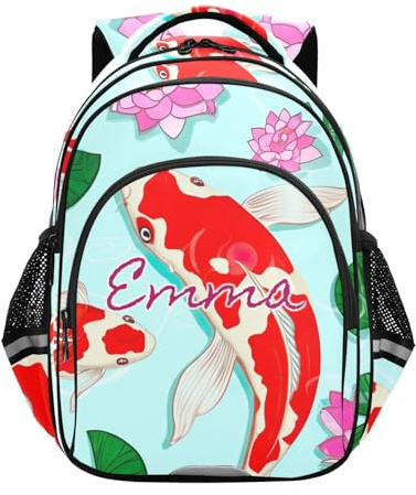 RPLIFE Personlig skolryggsäck för barn för pojkar flickor, anpassad Koi fisk lilja blommor grön grundryggsäck, Koi fisk lilja blommor grön, 17 Inch, Traditionella ryggsäckar