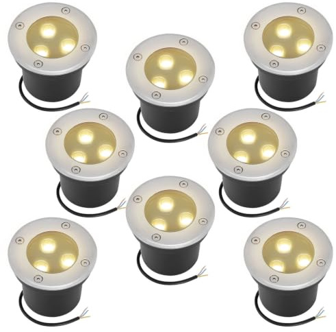 Monucep Bodeneinbaustrahler Außen 8 Stück, Bodenstrahler mit 3 LEDs | Runde Bodenleuchten aus Edelstahl & Hartglas, Warmweiß, IP65, wasserdicht für Gartenbeleuchtung und Gehwegbeleuchtung
