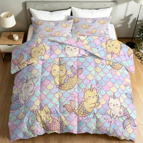Générique Couette Été 135 x 200 cm, Fantasy Ombré Animal Licorne Chat Douce Microfibre Réversible Couette pour Adultes et Ados, Légère et Respirante Couverture pour Lit 1 Personne, Multicolore