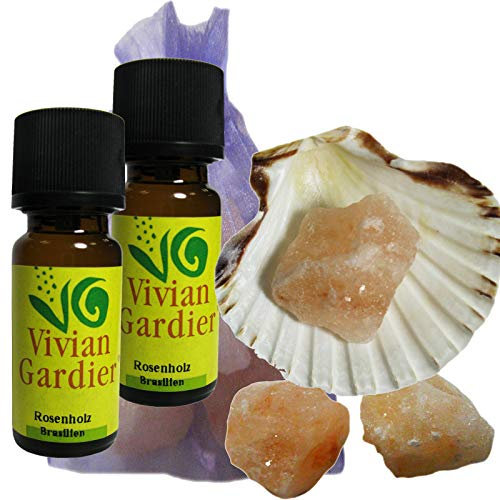 Rosenholz ätherisches Öl naturrein 2 x 10ml aus kontrolliertem Anbau. 7 teiliges Aromatherapie Duft Set mit Muschel + 3 Salz Kristalle zum Beduften + Säckchen. 50050