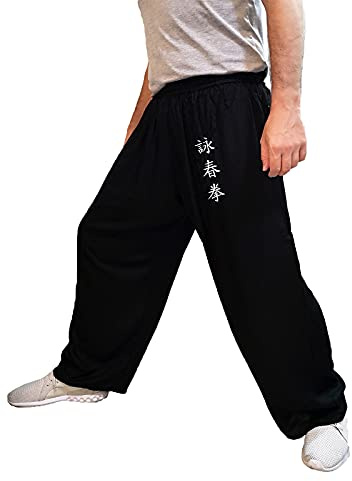 Pantaloni Tai Chi Ampia Tazza Uomo Donna Bambino Pantaloni da Yoga Qigong Aperto alle Caviglie (WC Nero, Taglia S)