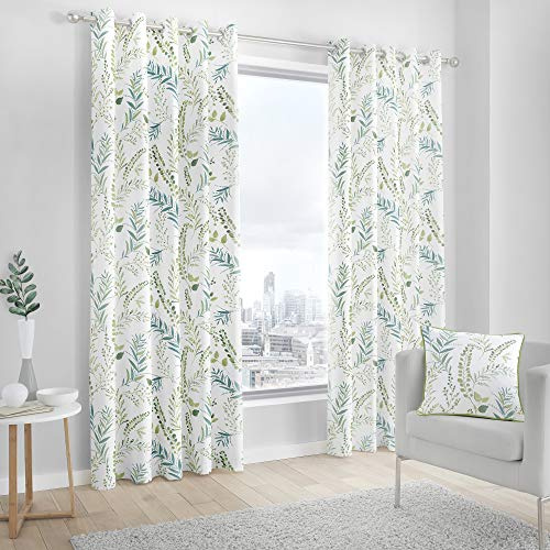 Fusion Fernworthy Leaf Print 100% Cotton Eyelet Lined Curtains, Green, 66 x 90 Inch