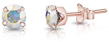 Pendientes de Botón Plata Ley 925 Chapados Oro Rosa 18K on Cristales Brillantes Aurora Boreal 5 mm - Pendientes Pequeños Oro para Mujer - Punto de Luz Hipoalergénicos