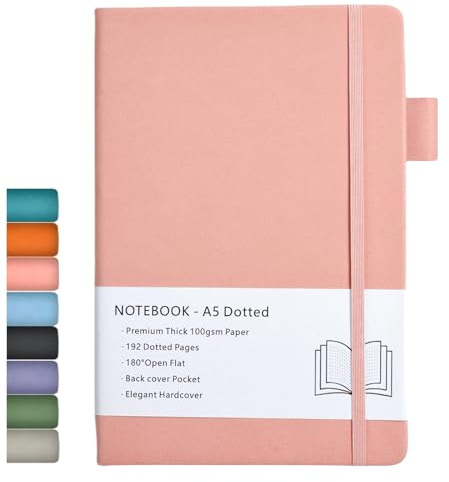 Prickig anteckningsbok A5, prickig dagbok med premium 100 gsm tjockt papper, innerficka, elastiskt bandat, fodral i konstläder, 192 sidor, 14,5 x 8,3 tum (rosa)