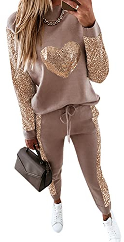 Onsoyours Primavera Tuta da Ginnastica Donna Elegante Tute Felpa con Cappuccio + Pantaloni Set Ragazze Pullover Tops Casual E Paillettes S