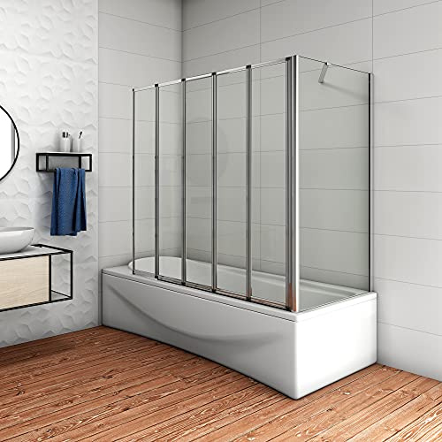 120x140cm Parete Doccia Sopravasca Angolare 5 Ante Pieghevoli Vetro 4 mm con Parete Laterale 70cm Vetro Temperato 6 mm Trasparente Telai Cromi Lucidi