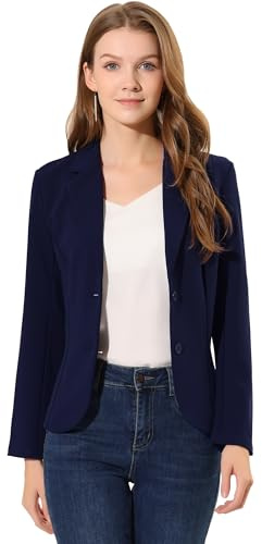 Allegra K Women's Work Office Blazer Stretch Lapel Collar Long Sleeve Jacket Suit Blazer Medium Navy Blue