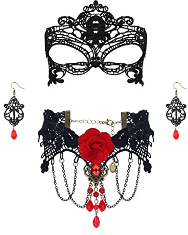 Finrezio Gothic Schmuck Set Halloween Schwarz Spitze Halskette und Ohrringe Set für Damen Gothic Rot Anhänger Spitze Choker Halloween Schmuck Set für Halloween-Kostüm Cosplay