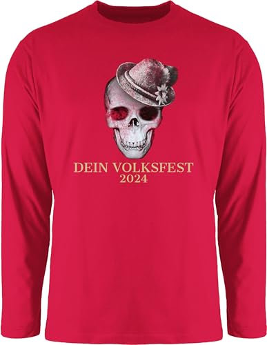 Langarmshirt Herren Langarm Shirt - Kompatibel Oktoberfest - 2025 Totenkopf mit Filzhut - M - Rot - bayerische Kleidung Trachten Bayern Tshirt bayrisch trachtenshirt bayrisches bayrische Bayerisches
