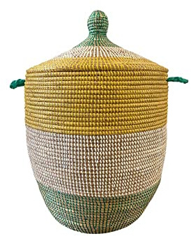Wäschekorb Afrika - S/M/L/XL/XXL - Das Original aus dem Senegal - Afrikanischer Flechtkorb mit Deckel - Fair Trade Korb - Graskorb - Dekokorb (M, Bold Stripes Grün & Gelb)