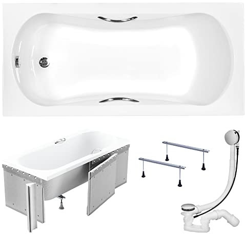 KOLMAN Badewanne ARIA PLUS Rechteck 150x70 mit Styroporverkleidung, Ablaufgarnitur und Füßen Komplettset 4in1 Premium Original Acryl Wanne Siphon