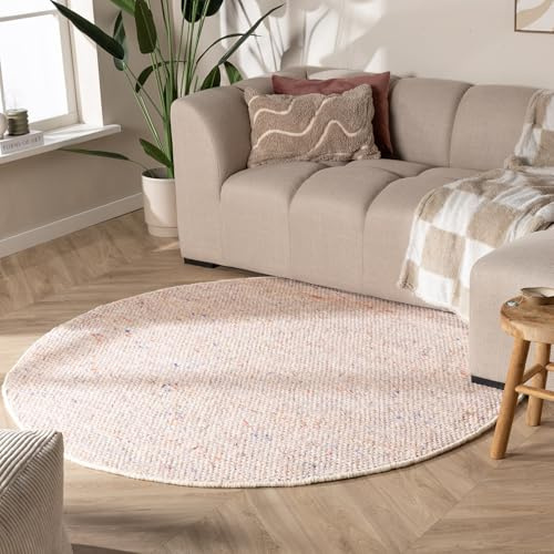 FRAAI | Home & Living Wollteppich Rund - Feline Pastell - Ø 100 cm | Wolle - Flachgewebe - Meliert, Einfarbig - Klassik, Ländlich, Modern, Skandinavisch - Wohnzimmer, Esszimmer, Schlafzimmer