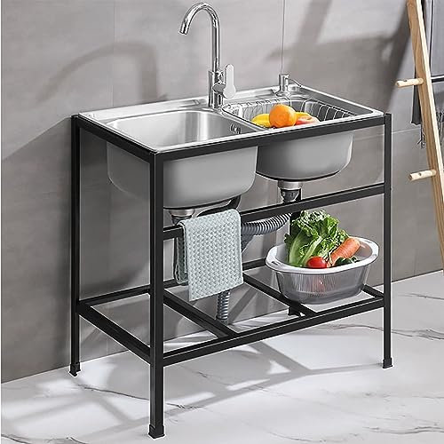 Lavello da Cucina da Giardino Esterno, lavello da Campeggio Multifunzionale per Esterni, lavello Multifunzionale a Doppio lavabo con ripiano Nero, Stabile e Solido, Adatto per Garage, Ristorante (Siz