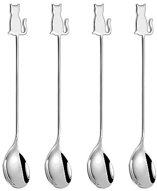 Ouliget Stainless Steel Mini Coffee Espresso Spoon, Dessert Teaspoons Small Soup Spoons, Silver Cute Animals Coffee Spoon, 5.6 inch, Set of 4