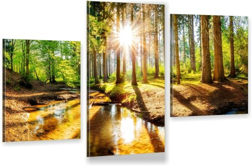 HUBDECO 3-Teiliges Leinwand Bild Wohnzimmer - Bilder, Poster, Kunstdrucke - Leinwandbild - Bild auf Leinwand - Tolle Zimmerdekoration - Schlafzimmer Bilder - 94x60 cm Wald Sonne