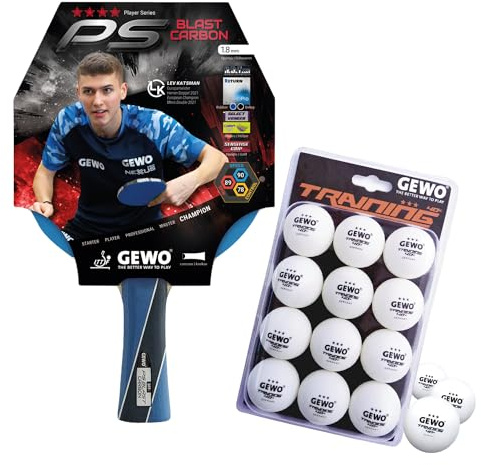 GEWO PS Blast Carbon Tischtennisschläger & GEWO Tischtennisbälle Training 40+ - ITTF genehmigter Profi-Tischtennisschläger, konkav, 1,8mm Schwamm + 3 Sterne Tischtennis-Ball, 12 Stück