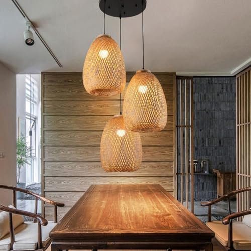 HYQJUNE Pendelleuchte Natürliche Bambus Gewebte Retro Hängeleuchten E27 Kombination 3 Flammen Esstisch Kronleuchter Für Wohnzimmer Schlafzimmer Esszimmer Cafe Bar Hängelampe Handgewebte Lampenschirm
