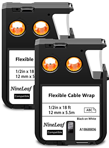 NineLeaf 2 Packung Ersatz für Dymo 1868806 A1868806 12mm x 5.5m 0.47'' 1/2 Zoll Schwarz auf Weiß Bänder Flexible Kabelummantelung Nylon Schriftband für Rhino XTL-300 XTL-500 Beschriftungsgerät