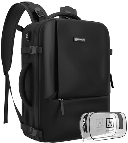 NUMADA-Mochila Viaje Cabina Avión 40x20x25cm (20L) + Regalo Neceser con Compartimento para Portátil 15. Mochila Ryanair con Asas Acolchadas, Cintas de Apriete, Zapatero y Zona para Líquidos|Negra