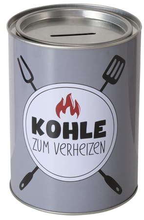 ReWu Spardose Sparschwein mit Schriftzug Kohle zum Verheizen - Deckel Abnehmbar - Grau Wiederverwendbar Metall Sparbüchse Geldgeschenk Geschenkidee Geldspardose Metallspardose 14 x 10 cm