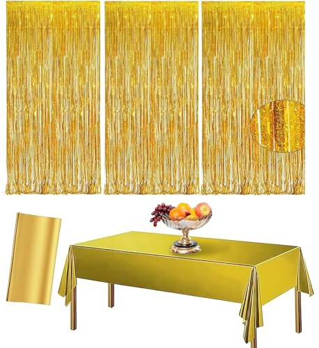 3pcs Silvester Lametta Vorhang Gold Glitzer+Tischdecke Geburtstag Gold Glitzer Party Vorhänge Foto Hintergrund Luftschlangen Dekoration für Silvester 2025 Hochzeit Geburtstag Disco Weihnachtsfeier