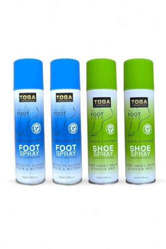 Toga odour Control Shoe & Foot antibacterial deodorant Spray 150ml per can (PACK OF 4) 2 cans of Shoe spray and 2 cans of Anti Smell Foot odor spray - total of 600ml