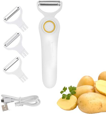 Pelapatate elettrico portatile con 3 lame. Pelapatate, pelapatate e affettatrice per frutta e verdura 3 in 1 con 3 lame intercambiabili per una varietà di ingredienti. Ricarica USB