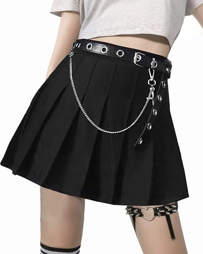 Minirock Damen Schwarz Faltenrock Gothic Kleidung Damen Mini Rock Sommer Steampunk Skirt Party Plisseerock Club Rock mit Gürtel Kette A Linie Goth Clothes