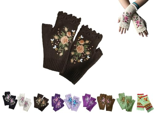 Handgestrickte Damen Winter Handschuhe mit Blumen Stickerei - Armstulpen Pulswärmer Strick Handstulpen Kurz Gestrickte Halb Fingerlose Fäustlinge Handwärmer (01)