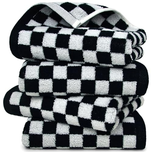 Jacquotha Handtücher für die Küche, Baumwolle, dekorative Badezimmerhandtücher, kariert, Landhausstil, niedlich für Männer, Frauen, als Geschenk, 33 x 74 cm, 4er-Pack, Schwarz-weiß