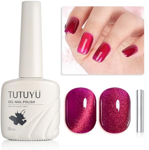 TUTUYU 12ml Wire Red Cat Eye Gel Nail Polish - Burgundy Jelly Magnetic Gel Polish with Self-Leveling, Chip-Resistant, Long Lasting 28+ Days, Dark Red Wine Gel for Autumn Winter & Christmas Nails
