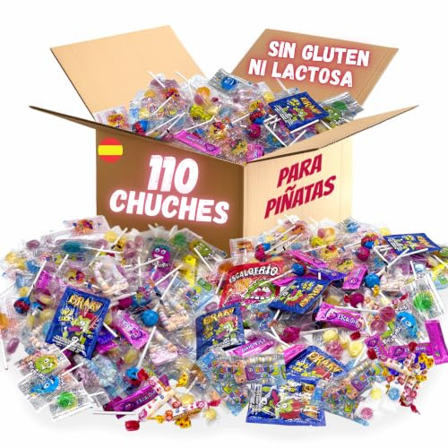 Mega Pack 110 Aprox Chuches Cumpleaños. Chuches Relleno Piñata. Sin Gluten Sin Lactosa. Bolsa para Cumpleaños. Gominolas. Golosinas. Pack Relleno Piñatas Infantiles para Comunion.