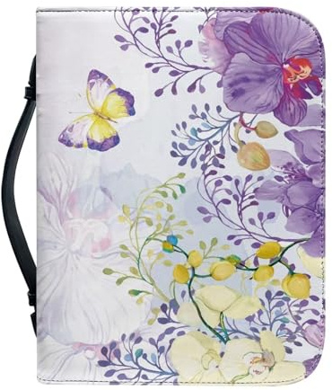Ceudet Bibelhülle, personalisierbar, PU-Bibelschutz, Buchhülle, Bibel-Tragetasche, Violette Schmetterlingsblume, M