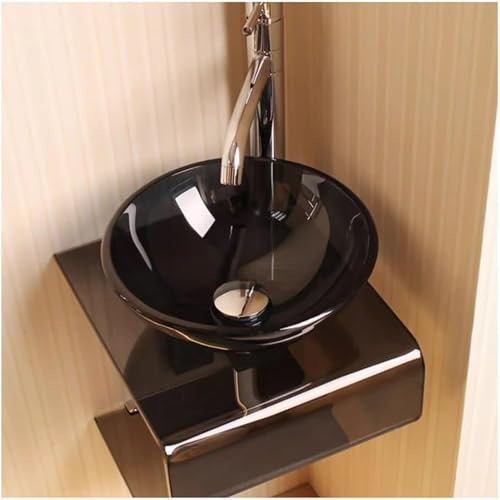 Set lavabo da bagno con montaggio a parete in vetro temperato con rubinetto di scarico a scomparsa, Lavabo ad angolo rotondo con montaggio a parete in vetro, Lavandino da bagno in vetro trasparente,(S