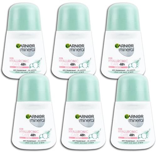 Förpackning med 6 Garnier Mineral Deodorant Roll-On Hyaluronic Care 48 h Sensitiv Deoroller 6 x 50 ml
