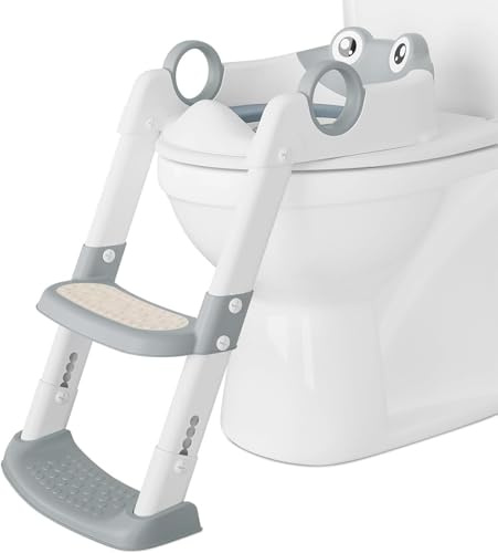 Siège De Toilette Pour Enfant Avec Escalier Pliable Coussins, Réducteur Toilette Enfant, Adaptateur WC Enfant 2 En 1 Pour Garçons Et Filles, Avec Protection Anti Éclaboussures-GRIS
