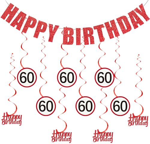 Deko 60 Geburtstag Girlande Frau Mann - 21 Stück 60. Geburtstagsdeko Happy Birthday Banner und Hängende Wirbel, Lustige Verkehrsschild Spiralen für 60 Jahre Geburtstagsfeier Dekoration