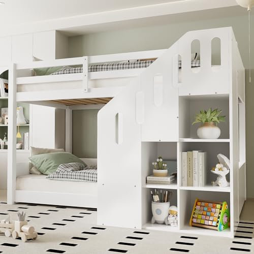 Doyisy Kinder Hochbett 90x200cm, Etagenbett 2 Kinder, Kinderbett mit Treppen und Stauraum, Rausfallschutz, mit Lattenrost, Massivholz + MDF, ohne Matratze, Weiß