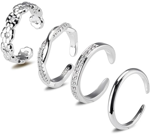 Mannikesi 4Pcs Silver Toe Rings for Women, Adjustable Toe Rings Simple Open Band, Summer Beach Foot Jewelry Set Toe Ring Silver, Sterling Silver Rings for Gift