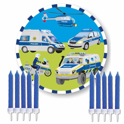 Essbarer Tortenaufleger * POLIZEIFAHRZEUGE * mit 10 blauen Kuchenkerzen // Polizei Kuchendekoration